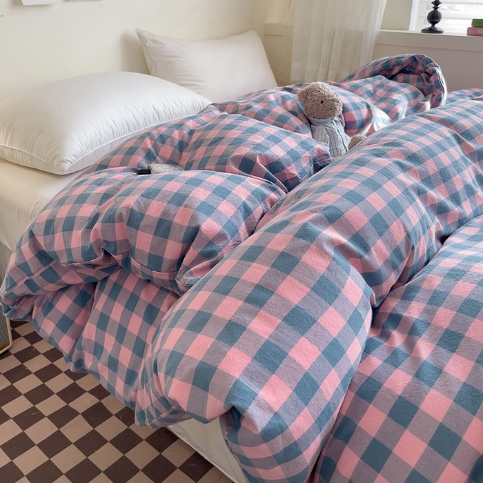 91家纺网 家纺一手货源 找家纺 大柏树 2025新款A类色织全棉水洗棉单品系列-单被套 粉灰小格