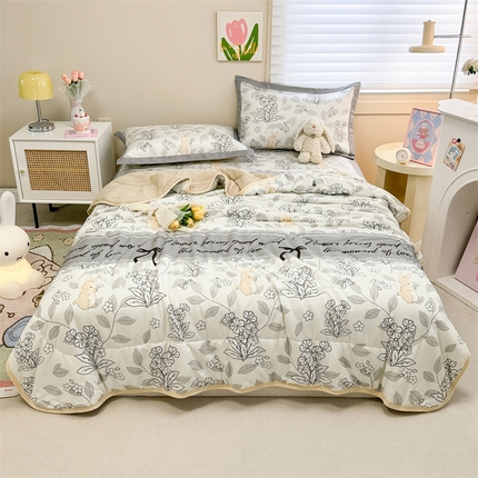 91家纺网 家纺一手货源 找家纺 沐慕 2024新款小清新华夫格印花冰藤夏被四件套 华夫格-秘境花园
