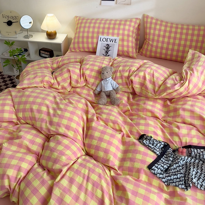 91家纺网 家纺一手货源 找家纺 大柏树 2025新款A类色织全棉水洗棉单品系列-四件套 黄粉三分格