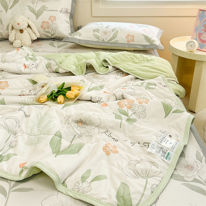 91家纺网 家纺一手货源 找家纺 沐慕 2024新款小清新华夫格印花冰藤夏被四件套 华夫格-森系小兔