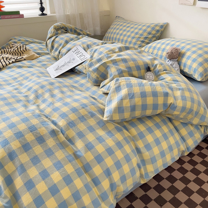 91家纺网 家纺一手货源 找家纺 大柏树 2025新款A类色织全棉水洗棉单品系列-四件套 蓝黄三分格