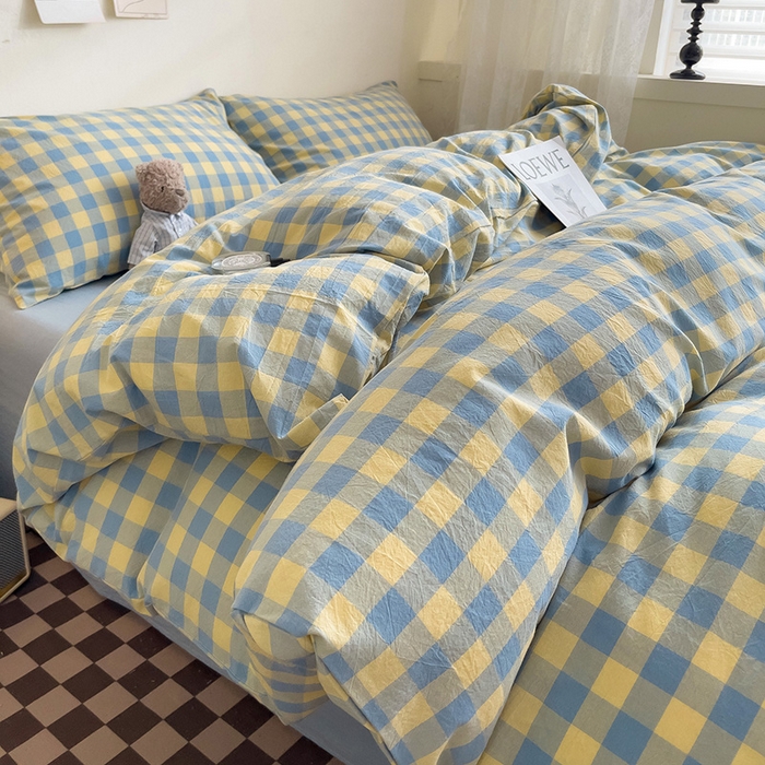 91家纺网 家纺一手货源 找家纺 大柏树 2025新款A类色织全棉水洗棉单品系列-四件套 蓝黄三分格