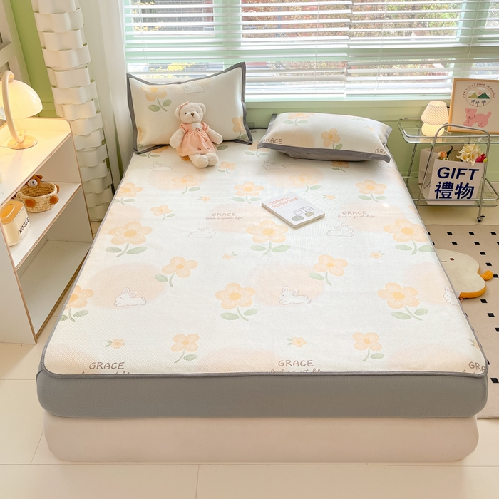 91家纺网 家纺一手货源 找家纺 沐慕 2024新款小清新印花冰藤床笠系列 床笠-花漾兔