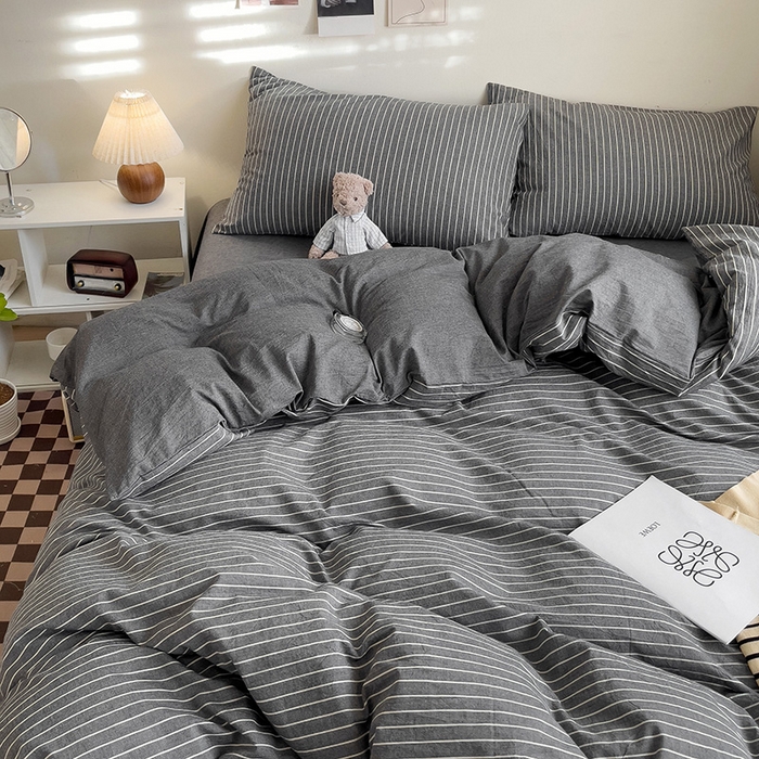 91家纺网 家纺一手货源 找家纺 大柏树 2025新款A类色织全棉水洗棉单品系列-四件套 灰细条