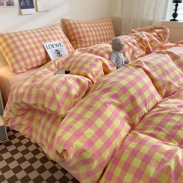 91家纺网 家纺一手货源 找家纺 大柏树 2025新款A类色织全棉水洗棉单品系列-四件套 黄粉三分格