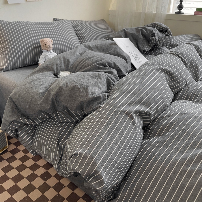 91家纺网 家纺一手货源 找家纺 大柏树 2025新款A类色织全棉水洗棉单品系列-四件套 灰细条