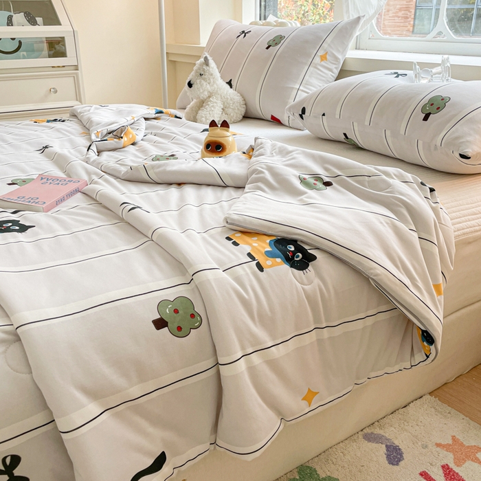 91家纺网 家纺一手货源 找家纺 沐慕 2024新款小清新加厚亲肤针织棉夏被 喵喵屋