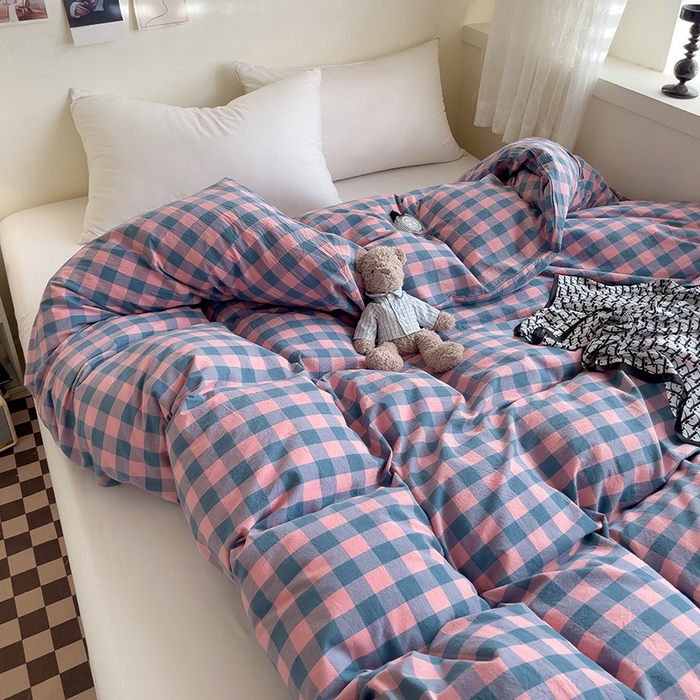 91家纺网 家纺一手货源 找家纺 大柏树 2025新款A类色织全棉水洗棉单品系列-单被套 粉灰小格