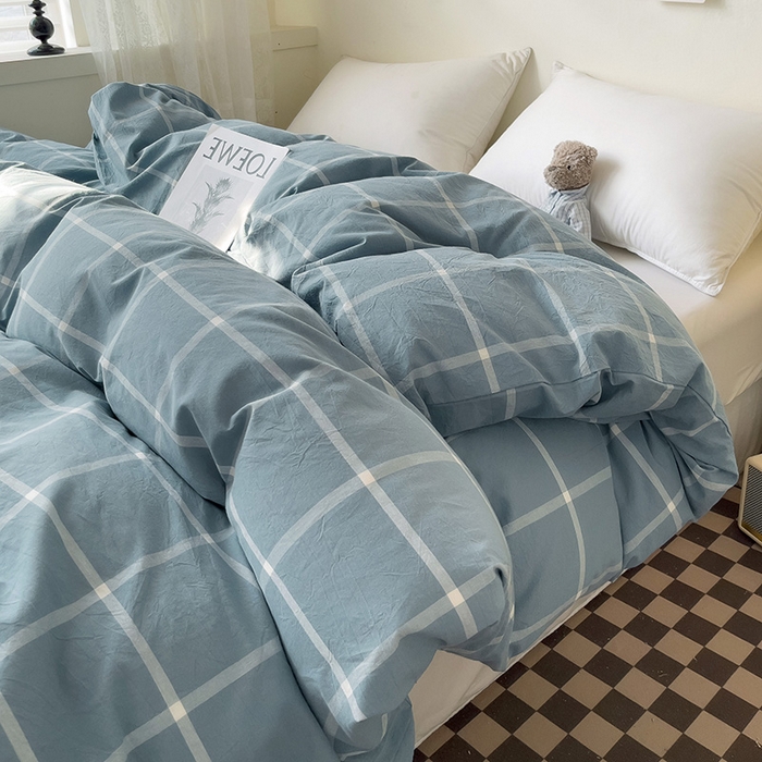 91家纺网 家纺一手货源 找家纺 大柏树 2025新款A类色织全棉水洗棉单品系列-单被套 蓝灰中格