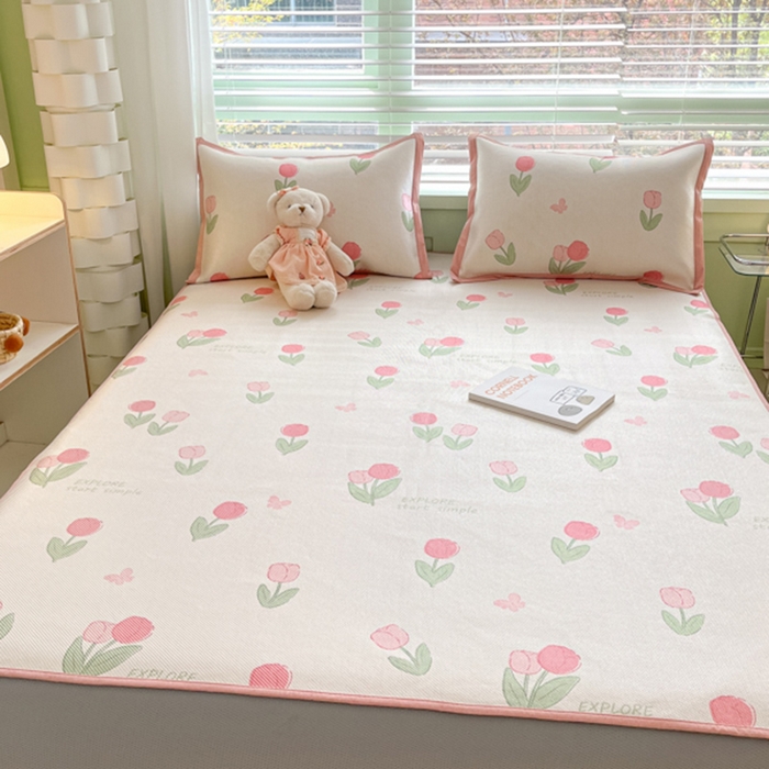 91家纺网 家纺一手货源 找家纺 沐慕 2024新款小清新印花冰藤床笠系列 床笠-粉嫩郁金香