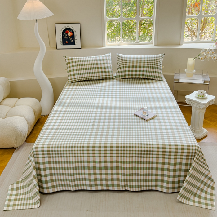 91家纺网 家纺一手货源 找家纺 金丝鸟 2024新款成人款A类全棉老粗布床单 绿小格