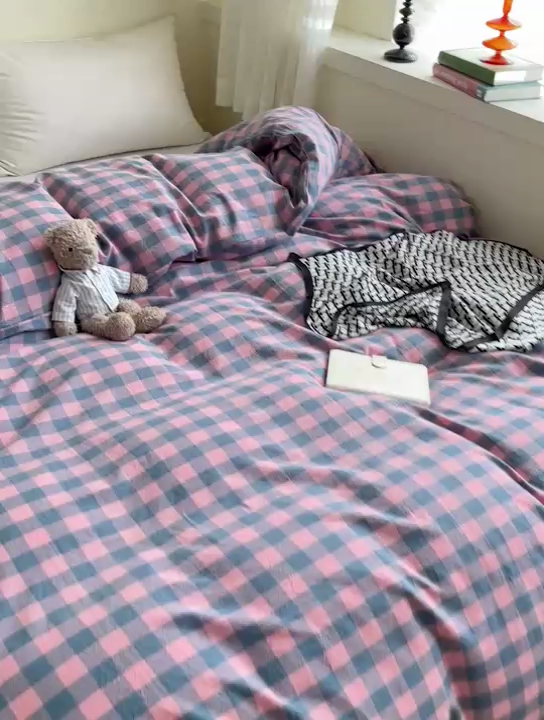 91家纺网 家纺一手货源 找家纺 大柏树 2025新款A类色织全棉水洗棉单品系列-单被套 粉灰小格