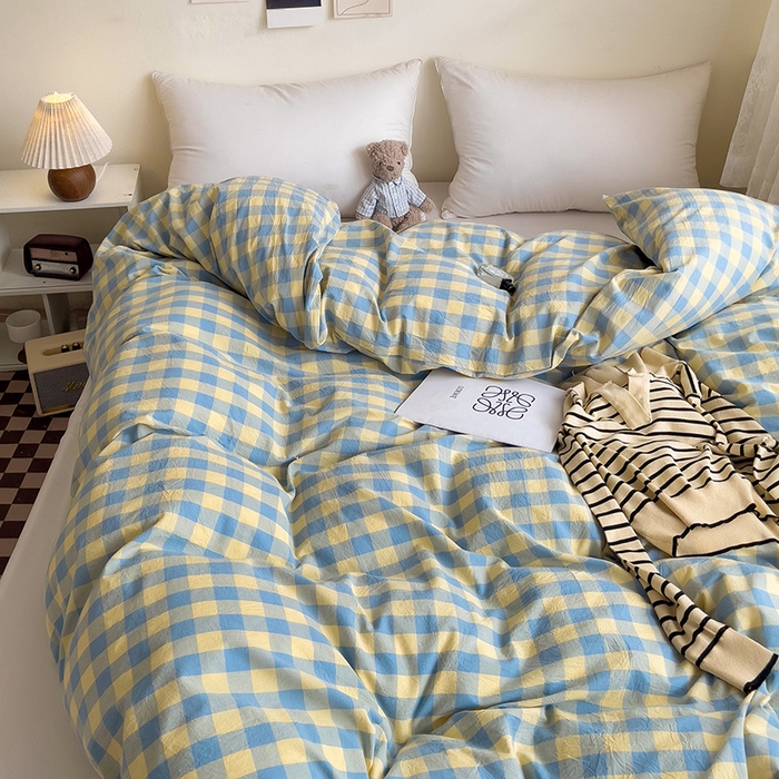 91家纺网 家纺一手货源 找家纺 大柏树 2025新款A类色织全棉水洗棉单品系列-单被套 蓝黄三分格