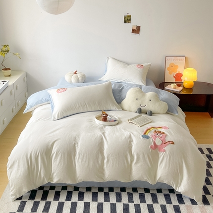 梵克保罗 2024新款卡通水洗棉毛巾绣四件套 彩虹龙-米白配浅蓝