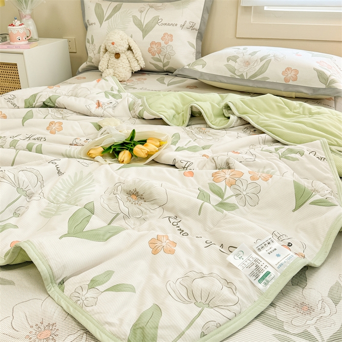 91家纺网 家纺一手货源 找家纺 沐慕 2024新款小清新华夫格印花冰藤夏被四件套 华夫格-森系小兔