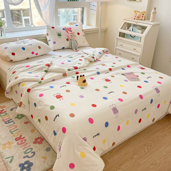 91家纺网 家纺一手货源 找家纺 沐慕 2024新款小清新加厚亲肤针织棉夏被 彩色小波点