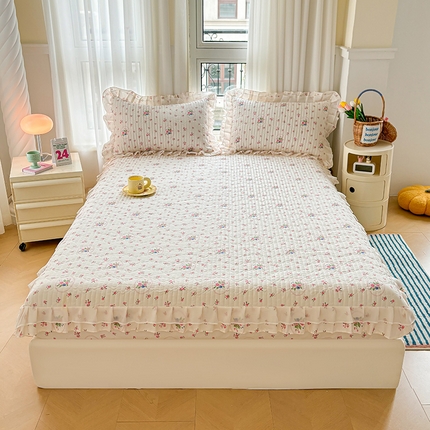 91家纺网 家纺一手货源 找家纺 宜凡 2024新款全棉床笠双层花边三件套 摩卡花园