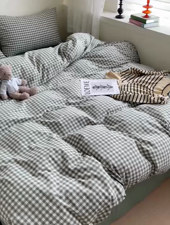 91家纺网 家纺一手货源 找家纺 大柏树 2025新款A类色织全棉水洗棉单品系列-四件套 绿小格