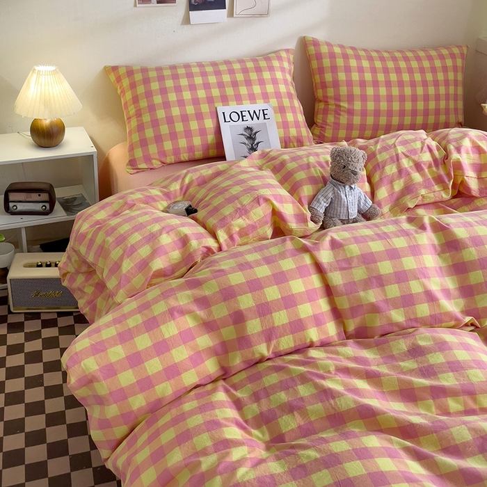 91家纺网 家纺一手货源 找家纺 大柏树 2025新款A类色织全棉水洗棉单品系列-四件套 黄粉三分格