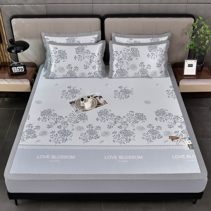 91家纺网 家纺一手货源 找家纺 小牛席业 2024新款加厚款碳光凉感冰丝席床笠款 清新叶语-灰