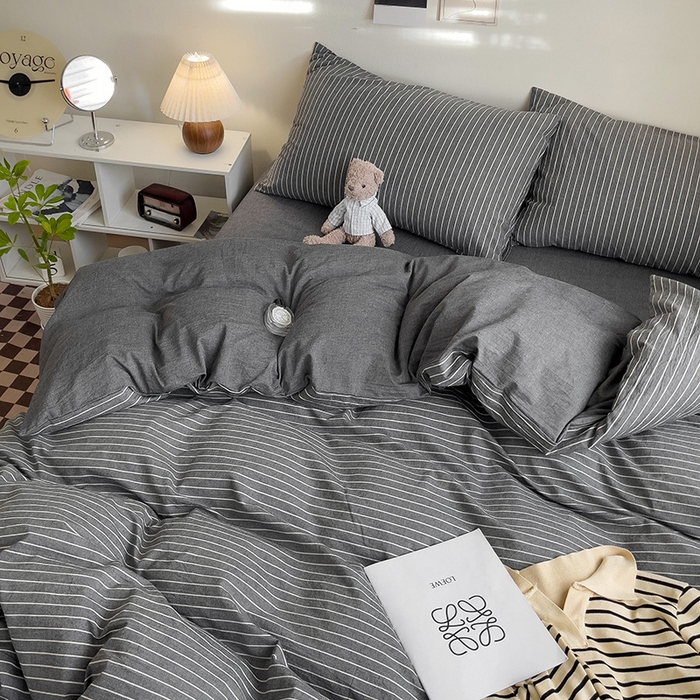 91家纺网 家纺一手货源 找家纺 大柏树 2025新款A类色织全棉水洗棉单品系列-四件套 灰细条