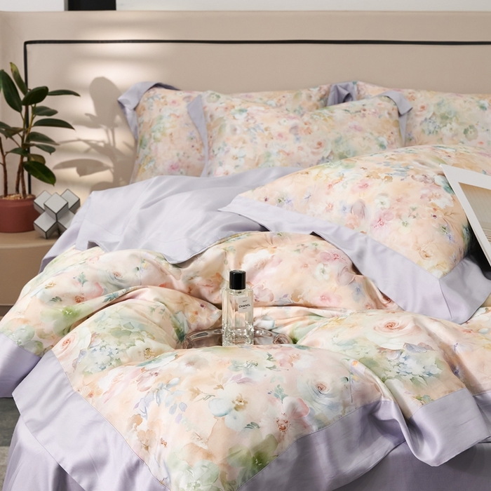 91家纺网 家纺一手货源 找家纺 榻尚家居 2024新款天丝棉数码印花四件套 花意槟