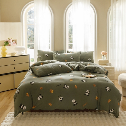 91家纺网 家纺一手货源 找家纺 瑞米家居 2024新款A类全棉针织棉四件套 熊猫-绿色