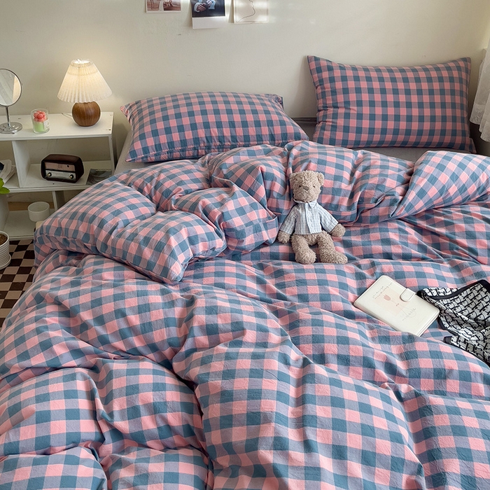 91家纺网 家纺一手货源 找家纺 大柏树 2025新款A类色织全棉水洗棉单品系列-四件套 粉灰小格