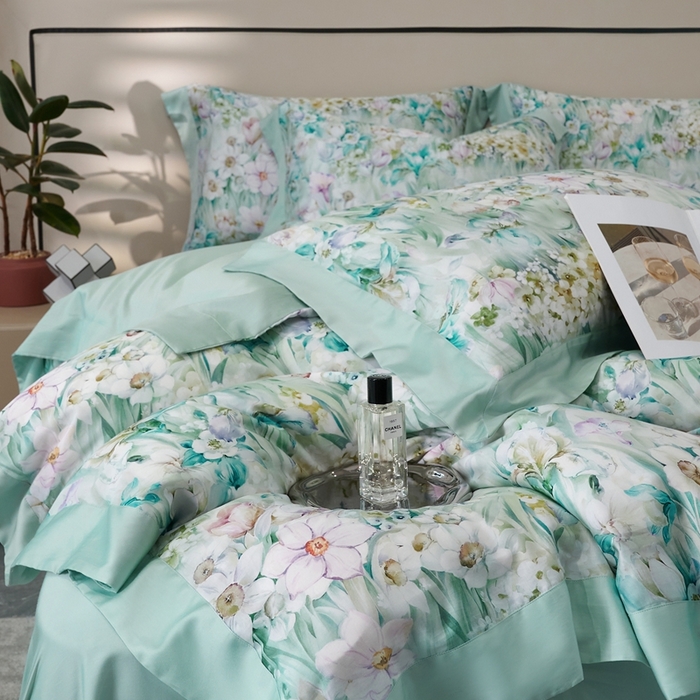 91家纺网 家纺一手货源 找家纺 榻尚家居 2024新款天丝棉数码印花四件套 繁花绿