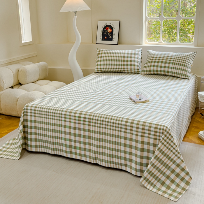 91家纺网 家纺一手货源 找家纺 金丝鸟 2024新款成人款A类全棉老粗布床单 绿小格