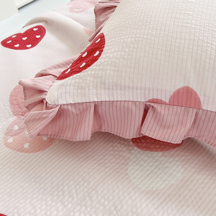 91家纺网 家纺一手货源 找家纺 富之航 2024新款时尚舒适泡泡棉夏被四件套粉爱心