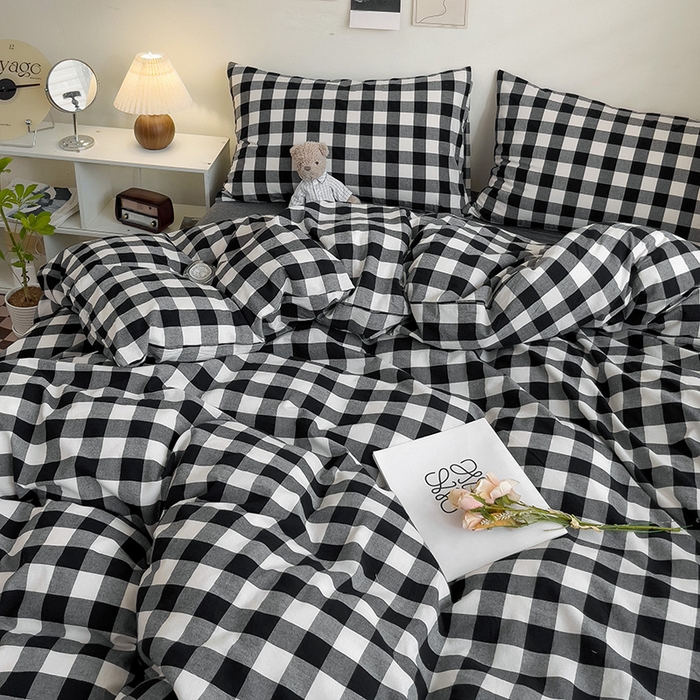 91家纺网 家纺一手货源 找家纺 大柏树 2025新款A类色织全棉水洗棉单品系列-四件套 黑白中格