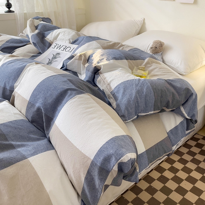 91家纺网 家纺一手货源 找家纺 大柏树 2025新款A类色织全棉水洗棉单品系列-单被套 蓝大格