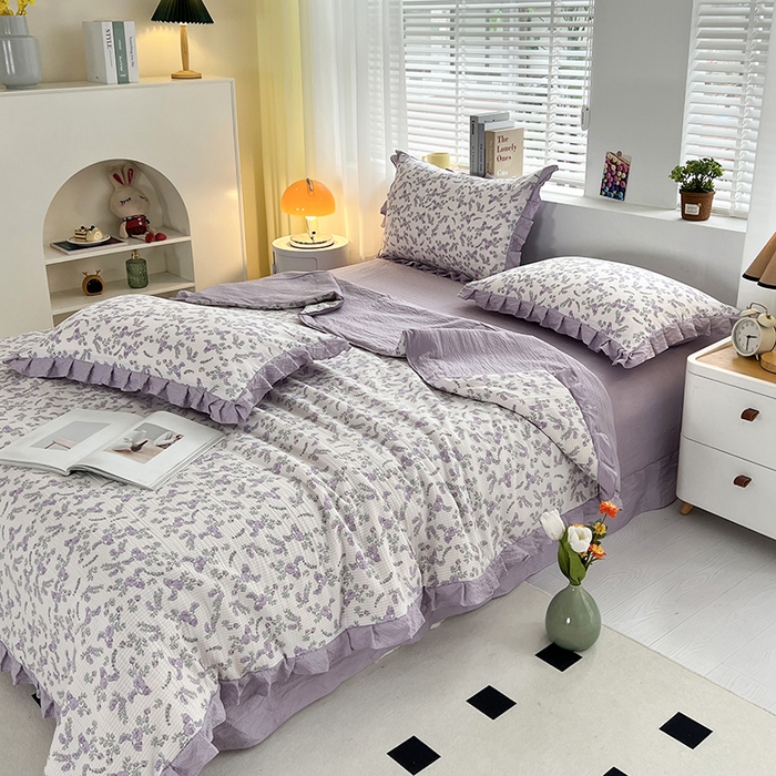 91家纺网 家纺一手货源 找家纺 富之航 2024新款时尚舒适泡泡棉夏被四件套紫苏