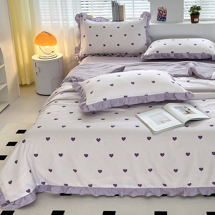 91家纺网 家纺一手货源 找家纺 富之航 2024新款时尚舒适泡泡棉夏被四件套紫爱心