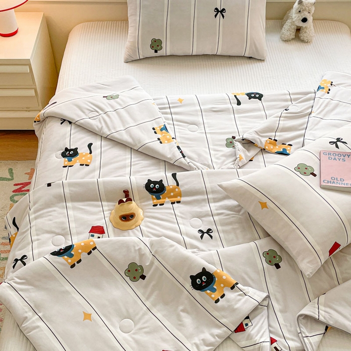 91家纺网 家纺一手货源 找家纺 沐慕 2024新款小清新加厚亲肤针织棉夏被 喵喵屋