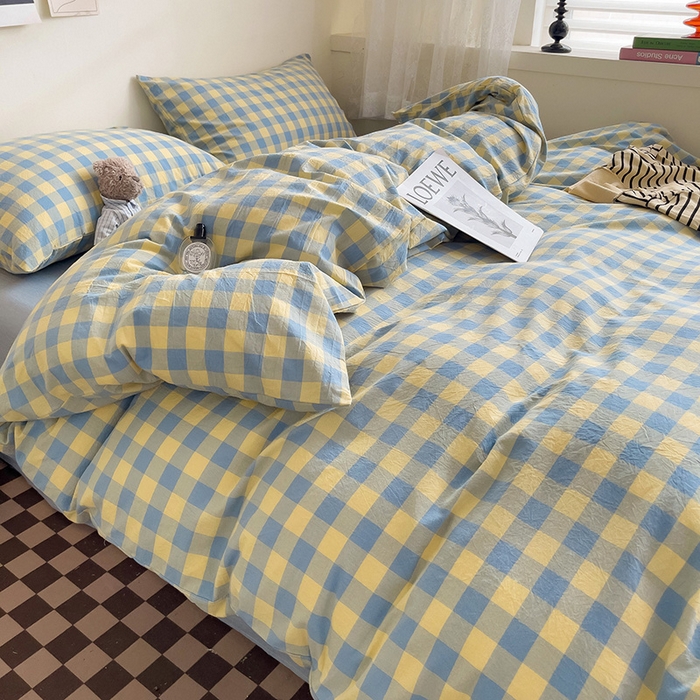 91家纺网 家纺一手货源 找家纺 大柏树 2025新款A类色织全棉水洗棉单品系列-四件套 蓝黄三分格