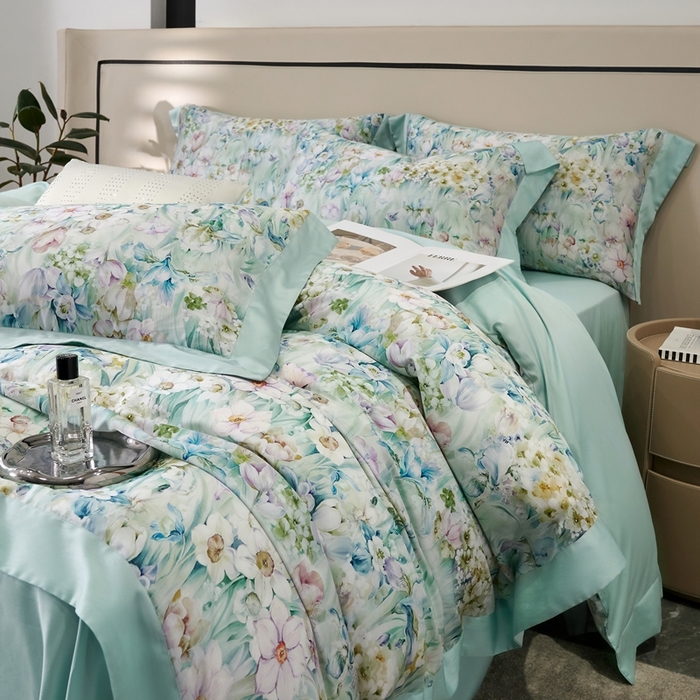 91家纺网 家纺一手货源 找家纺 榻尚家居 2024新款天丝棉数码印花四件套 繁花绿