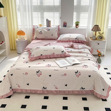 富之航 2024新款时尚舒适泡泡棉夏被四件套粉樱桃
