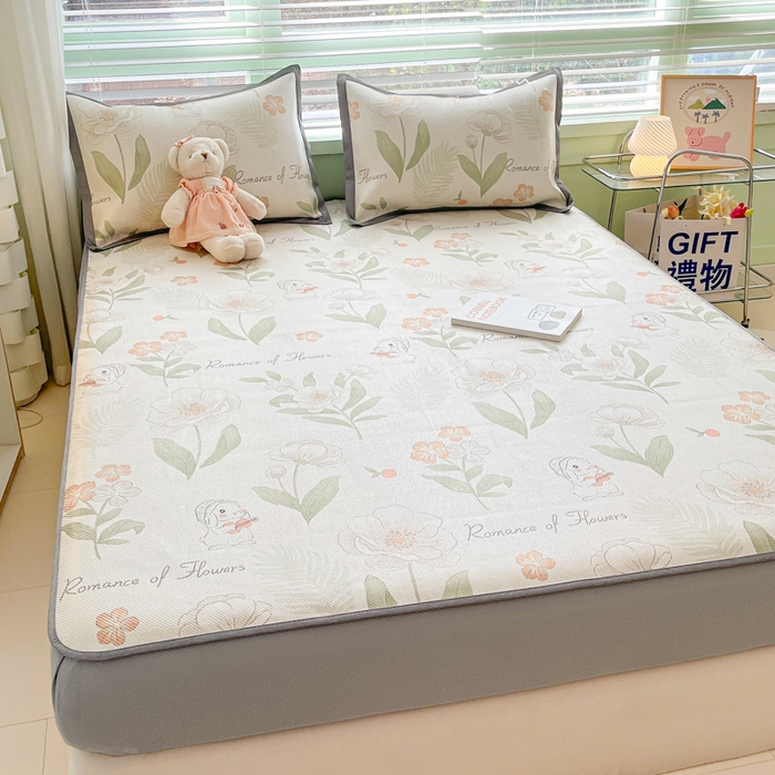 91家纺网 家纺一手货源 找家纺 沐慕 2024新款小清新印花冰藤床笠系列 床笠-森系小兔