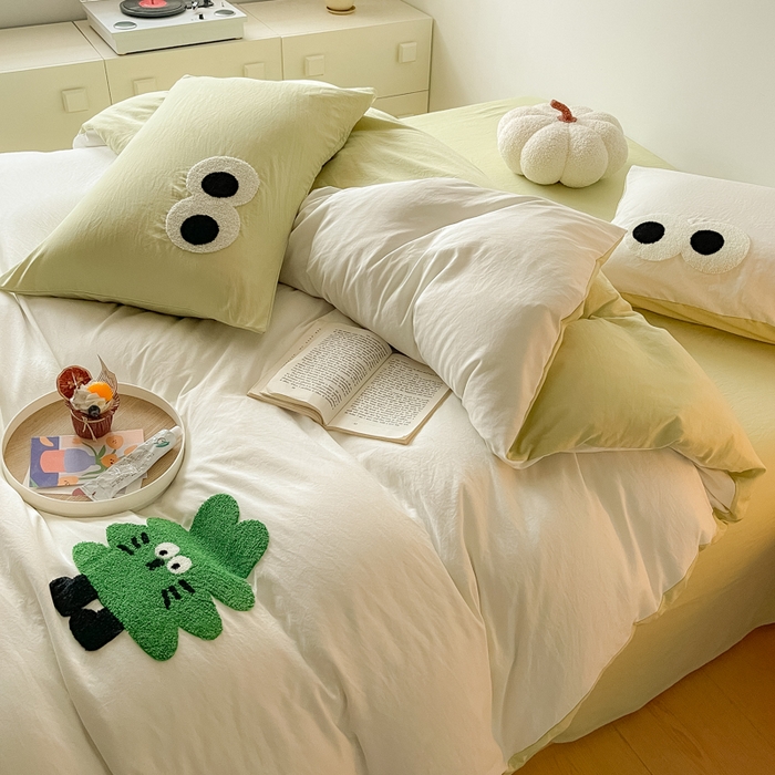 91家纺网 家纺一手货源 找家纺 梵克保罗 2024新款卡通水洗棉毛巾绣四件套 幸运树-米白配浅绿