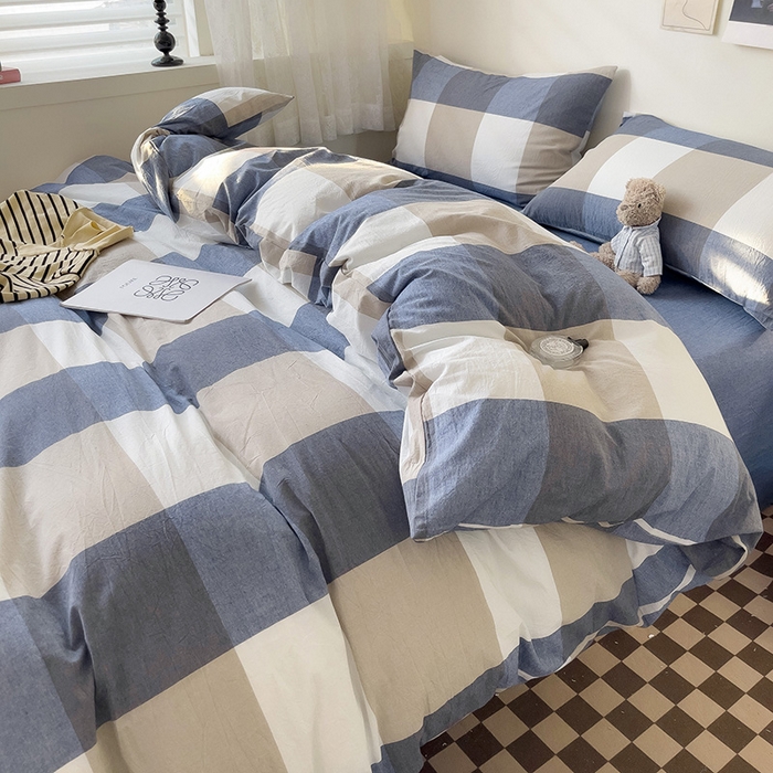 91家纺网 家纺一手货源 找家纺 大柏树 2025新款A类色织全棉水洗棉单品系列-四件套 蓝大格