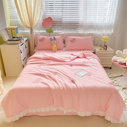 沐慕 2024新款毛巾绣印花夏被四件套 蝴蝶结-粉