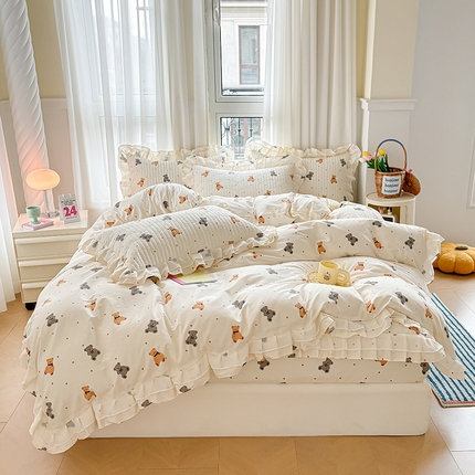 宜凡 2024新款全棉床笠双层花边四件套 泰迪斯熊