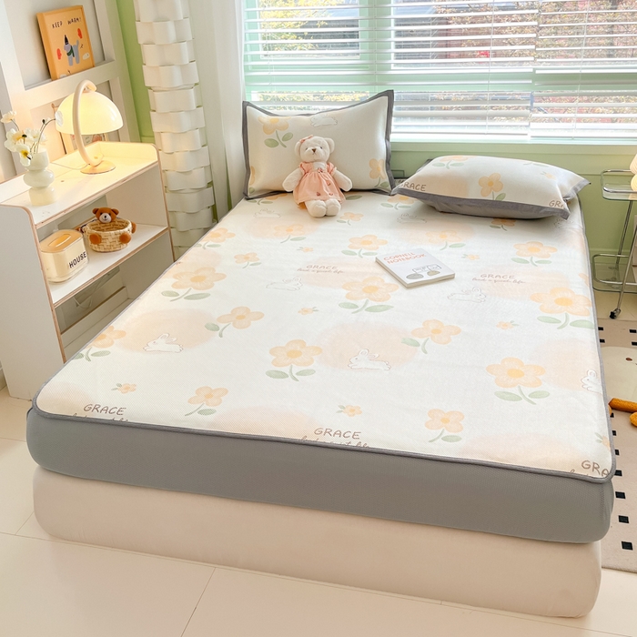 91家纺网 家纺一手货源 找家纺 沐慕 2024新款小清新印花冰藤床笠系列 床笠-花漾兔