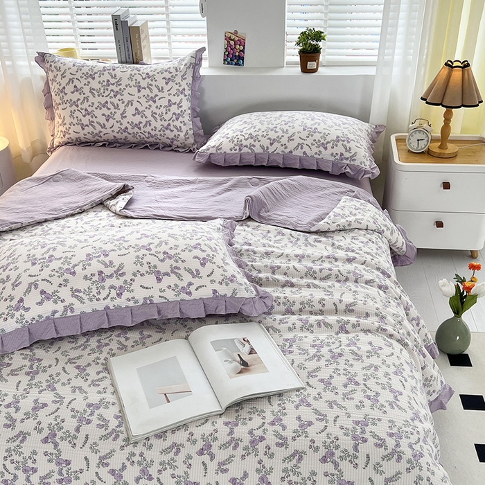 91家纺网 家纺一手货源 找家纺 富之航 2024新款时尚舒适泡泡棉夏被四件套紫苏