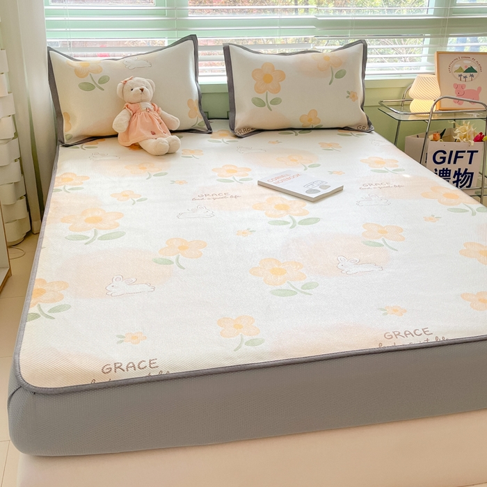 91家纺网 家纺一手货源 找家纺 沐慕 2024新款小清新印花冰藤床笠系列 床笠-花漾兔