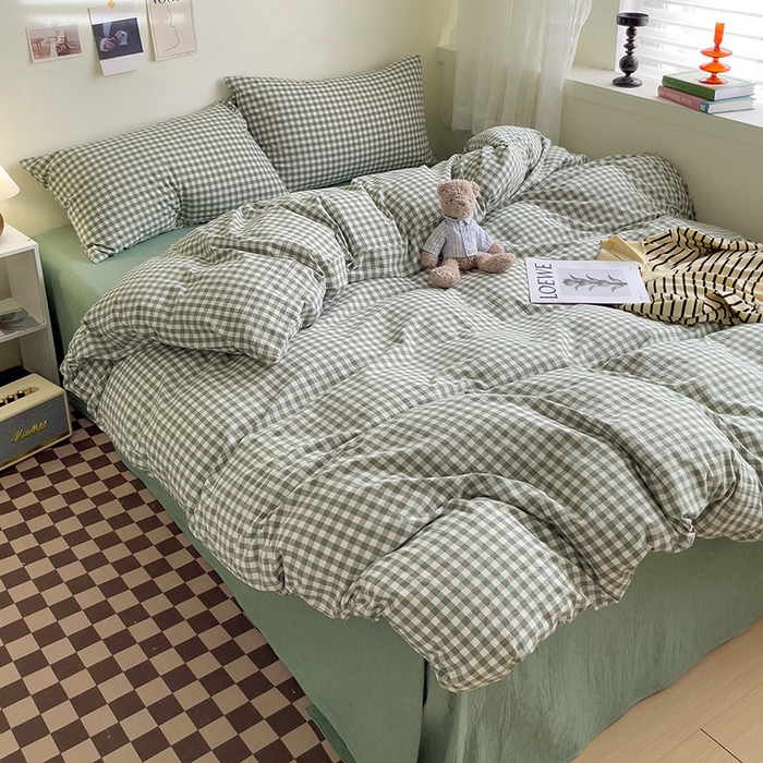 91家纺网 家纺一手货源 找家纺 大柏树 2025新款A类色织全棉水洗棉单品系列-四件套 绿小格