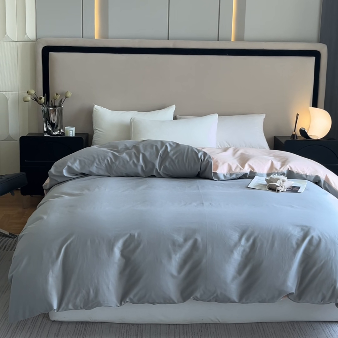 91家纺网 家纺一手货源 找家纺 澳梵2024新款60s全棉纯色单品被套 椰子灰-白桃粉