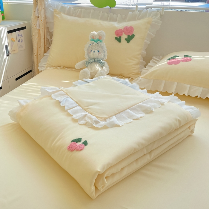91家纺网 家纺一手货源 找家纺 沐慕 2024新款毛巾绣印花夏被四件套 花花白兔-黄